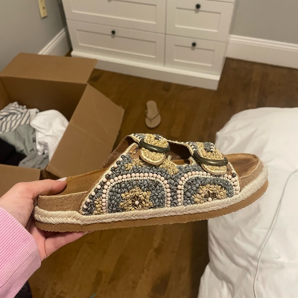 House of Harlow 1960 Beaded Sandals in Cream and Tan